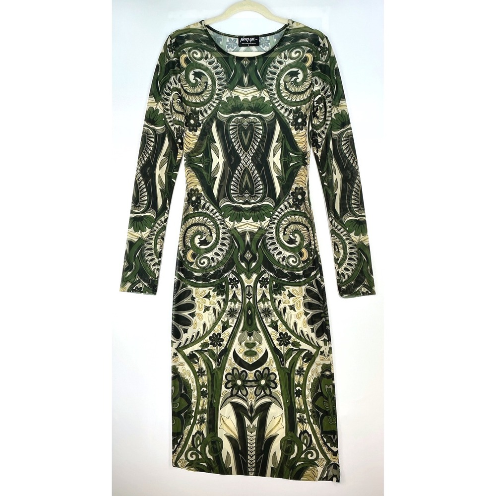 Nasty Gal Dress Green Cream Abstract Print Sheer Sz L‎ Green Long Sleeve Indie